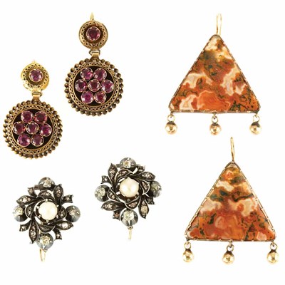 Lot 503 - Group of Antique Gold, Silver, Gem-Set and Diamond Earrings