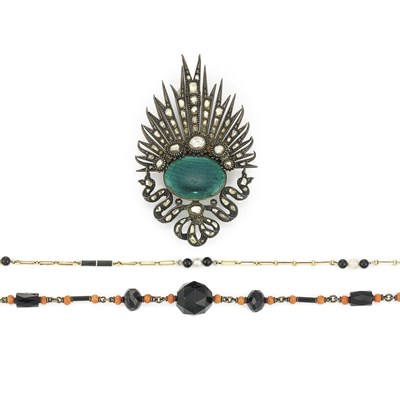 Lot 202 - Antique Silver, Foiled-Back Diamond and Enamel Brooch, 2 Black Onyx and Coral Bead and Cultured Pearl Chains and Costume Jewelry