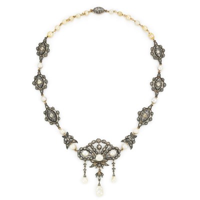 Lot 365 - Antique Silver, Gold, Freshwater Pearl and Diamond Necklace