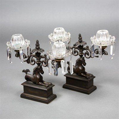 Lot 133 - Pair of Patinated-Metal and Glass Candelabra...