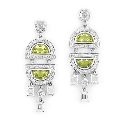 Lot 234 - Pair of White Gold, Diamond and Peridot Pendant-Earrings