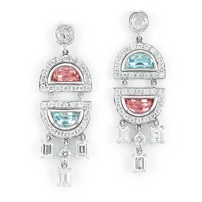 Lot 481 - Pair of White Gold, Pink Tourmaline, Blue Topaz and Diamond Pendant-Earrings