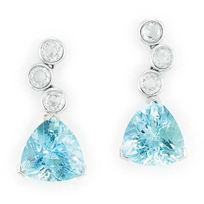 Lot 387 - Pair of White Gold, Diamond and Aquamarine Pendant-Earrings