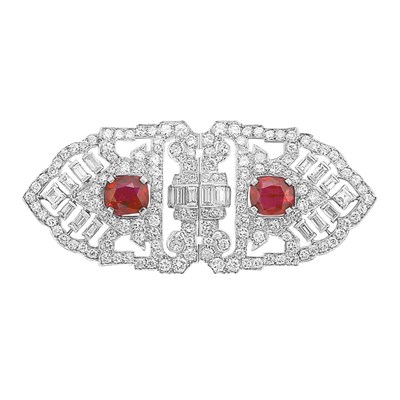 Lot 591 - Art Deco Platinum, Ruby and Diamond Double Clip-Brooch