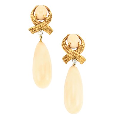 Lot 538 - Pair of Gold, Angelskin Coral and Diamond Pendant-Earrings