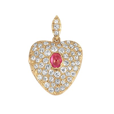 Lot 178 - Antique Gold, Cabochon Ruby and Diamond Locket Pendant