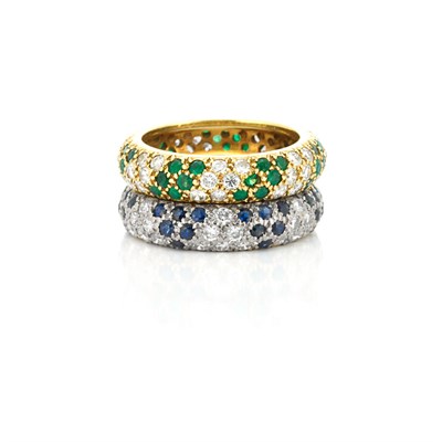 Lot 278 - Pair of Diamond, Emerald and Sapphire Bombe Band Rings