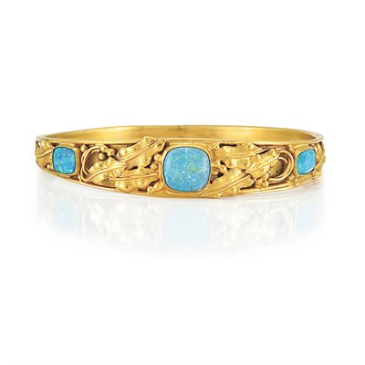 Lot 639 - Art Nouveau Gold and Opal Bangle Bracelet