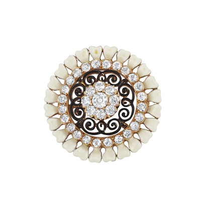 Lot 659 - Antique Gold, Ivory and Black Enamel and Diamond Pendant-Brooch