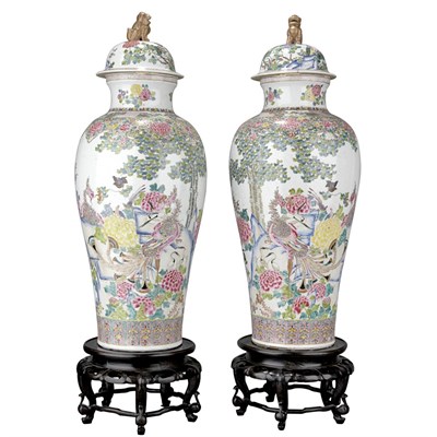 Lot 304 - Pair of Chinese Famille Rose Porcelain Urns...