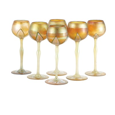 Lot 494 - Set of Six Quezal Art Glass Hock Glasses Circa...