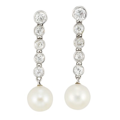 Lot 522 - Pair of Diamond and Cultured Pearl Pendant-Earclips