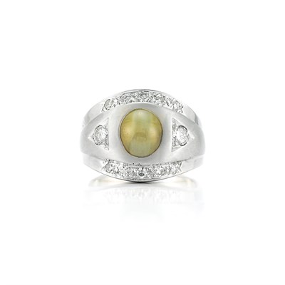 Lot 241 - Gentleman's White Gold, Cat's-Eye and Diamond Ring