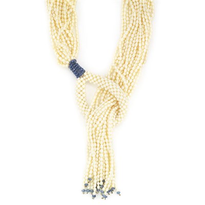 Lot 133 - Twenty Strand Biwa Pearl and Sapphire Bead Lariat Necklace