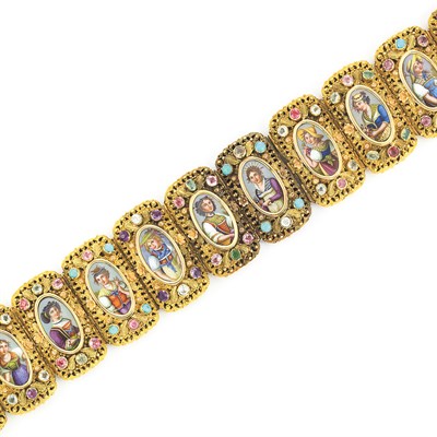 Lot 154 - Antique Gold, Portrait Miniature and Foiled-Back Gem-Set Bracelet
