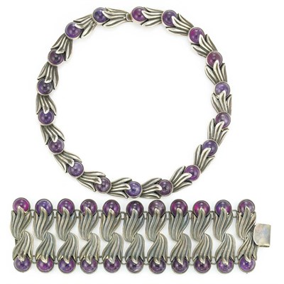 Lot 474 - Sterling Silver and Cabochon Amethyst Necklace and Wide Cuff Bracelet, Los Castillos,Taxco