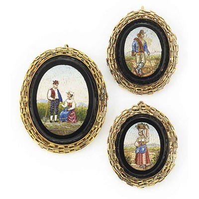 Lot 376 - Three Gold and Micromosaic Pendant-Brooches