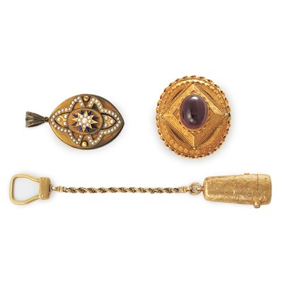 Lot 347 - Antique Gold and Carbuncle Brooch, Split Pearl and Enamel Pendant and Vinaigrette