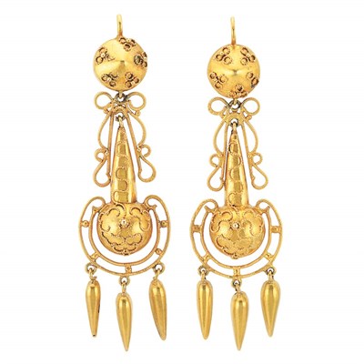 Lot 643 - Pair of Antique Gold Pendant-Earrings