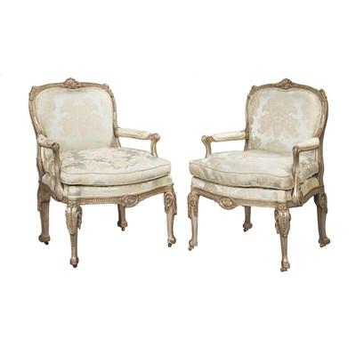 Lot 402 - Pair of George III Silvered Wood Armchairs In...
