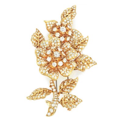 Lot 335 - Gold and Diamond en Tremblant Flower Clip-Brooch