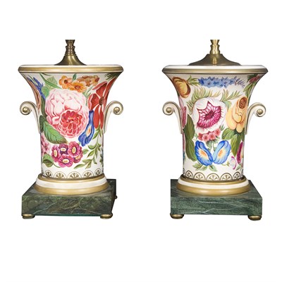 Lot 311 - Pair of Floral Painted Urn-Form Lamps Height...