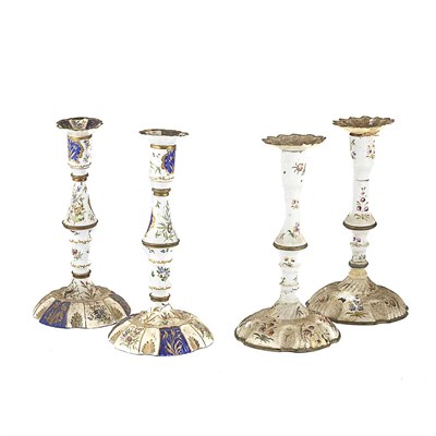 Lot 302 - Pair of Battersea Enamel Candlesticks 18th...