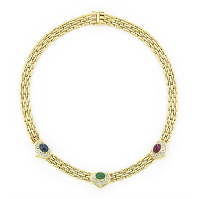 Lot 543 - Gold, Cabochon Ruby, Sapphire and Emerald and Diamond Necklace