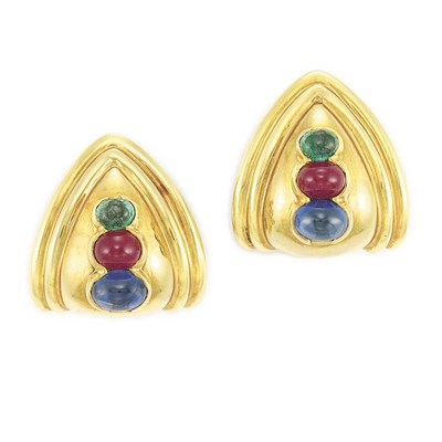 Lot 434 - Pair of Gold and Cabochon Colored Stone Earclips