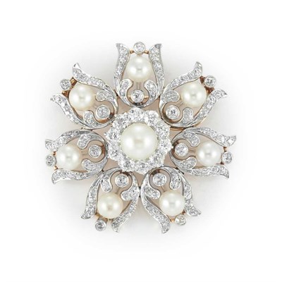 Lot 325 - Platinum, Gold, Cultured Pearl and Diamond Brooch