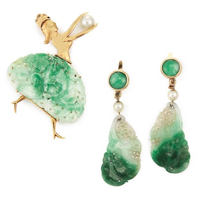 Lot 546 - Gold, Carved Jade and Cultured Pearl Ballerina Brooch and Pair of Pendant-Earrings and Gold Oriental Visage Pin
