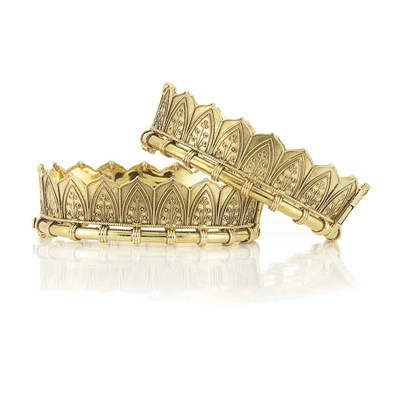 Lot 359 - Pair of Gold Crown Cuff Bangle Bracelets