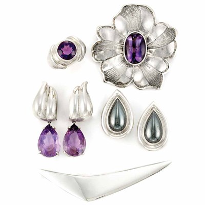 Lot 837 - Group of Sterling Silver and Amethyst Jewelry and White Gold and Amethyst Ring