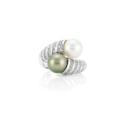 Lot 44 - White Gold, Black and White Cultured Pearl and Diamond Crossover Ring