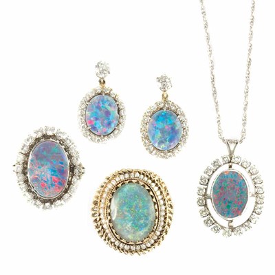 Lot 689 - Suite of White Gold, Opal Doublet and Diamond Jewelry and Opal Ring