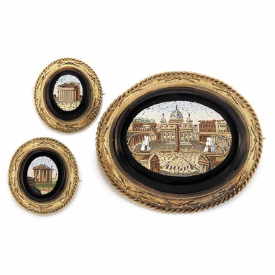 Lot 157 - Antique Gold and Micromosaic Brooch and Pair of Pins
