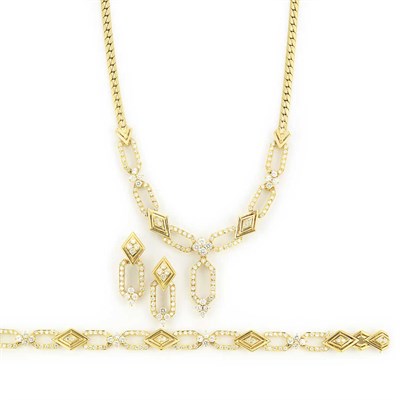 Lot 443 - Gold and Diamond Necklace, Bracelet and Pair of Pendant-Earrings