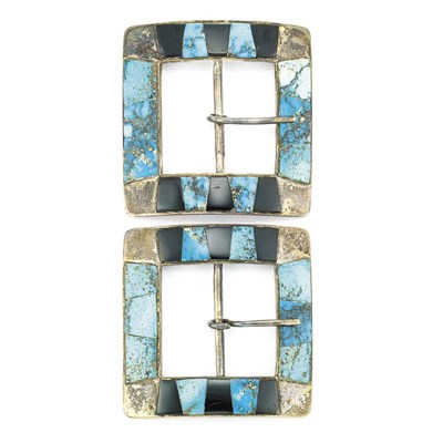 Lot 472 - Pair of Silver, Turquoise and Black Onyx Belt Buckles