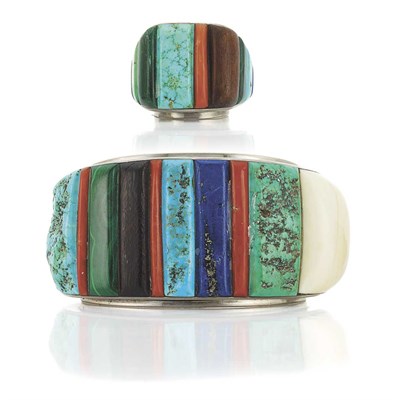 Lot 250 - Silver and Hardstone Cuff Bangle Bracelet and Ring