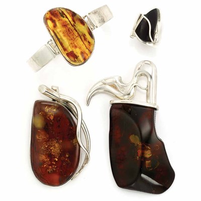 Lot 909 - Group of Sterling Silver and Amber Jewelry
