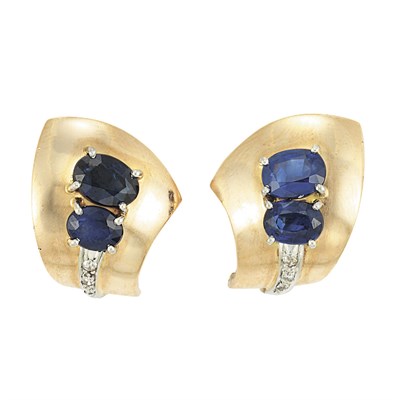 Lot 594 - Pair of Rose Gold, Platinum, Sapphire and Diamond Earclips