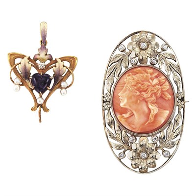 Lot 159 - White Gold, Coral Cameo and Diamond Brooch and Art Nouveau Enamel and Amethyst Pendant