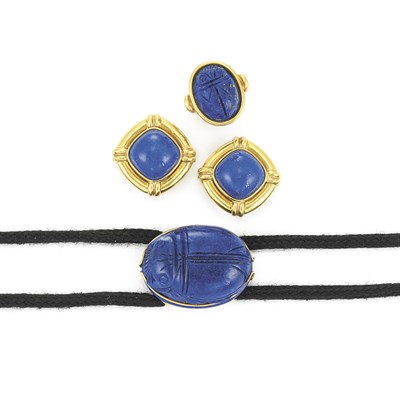 Lot 276 - Lapis Scarab Ring and Pendant with Gold and Cord, Zolotas, and Pair of Gold and Lapis Earclips