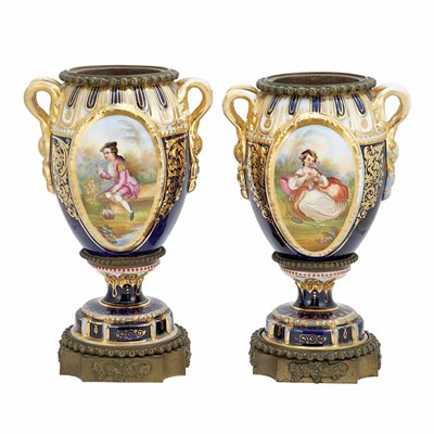 Lot 683 - Pair of Sevres Style Bronze Mounted Polychrome...