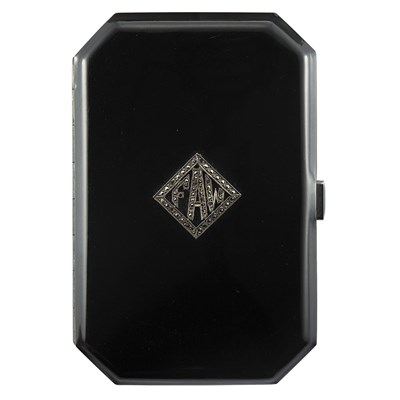 Lot 351 - Sterling Silver, Black Enamel and Marcasite Cigarette Case