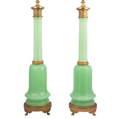 Lot 202 - Pair of Gilt-Metal Mounted Green Opaline Glass...