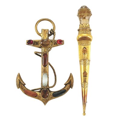 Lot 24 - Antique Silver Gilt and Scottish Agate Anchor Brooch and Gold and Citrine Torch Brooch