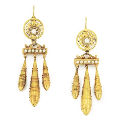 Lot 452 - Pair of Antique Gold, Pearl and Split Pearl Pendant-Earrings