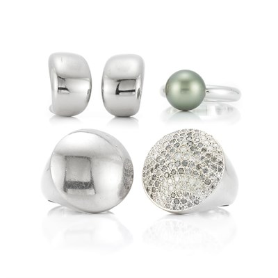 Lot 39 - Three White Gold, Diamond and Cultured Pearl Rings and Pair of Hoop Earrings, Cartier