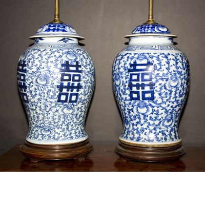 Lot 489 - Pair of Chinese Blue and White Porcelain Lamps